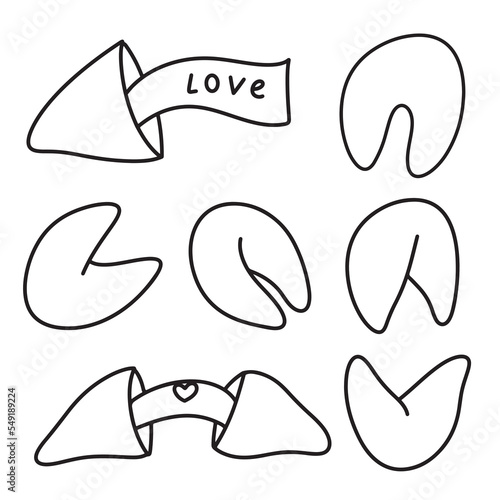 fortune cookies hand drawn doodle icon set. Asian food. Simple outline contour sketch drawing collection of special Chinese biscuit with paper note with prediction of love
