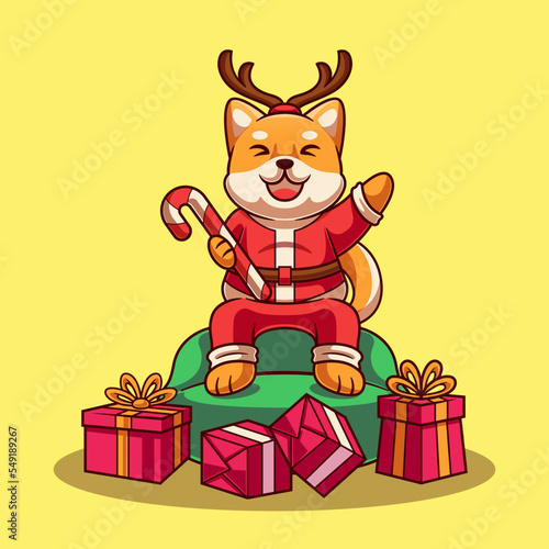 Cute Shiba Inu Santa Clause on Gift Bag Cartoon Illustration. Shiba Inu Christmas Concept. Flat Cartoon Style