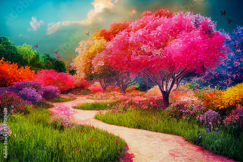 Fotobehang magical garden landscape with flowers and colorful trees