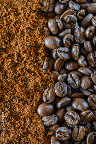 Close-up of ground coffee and coffee beans on opposite sides of each other in a vertical composition. 