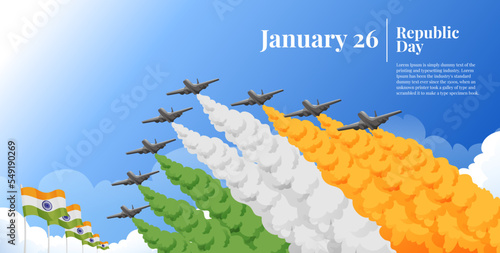 India Republic Day Banner With Jet Plane Smoke Shaping India Flag Color on The Blue Sky