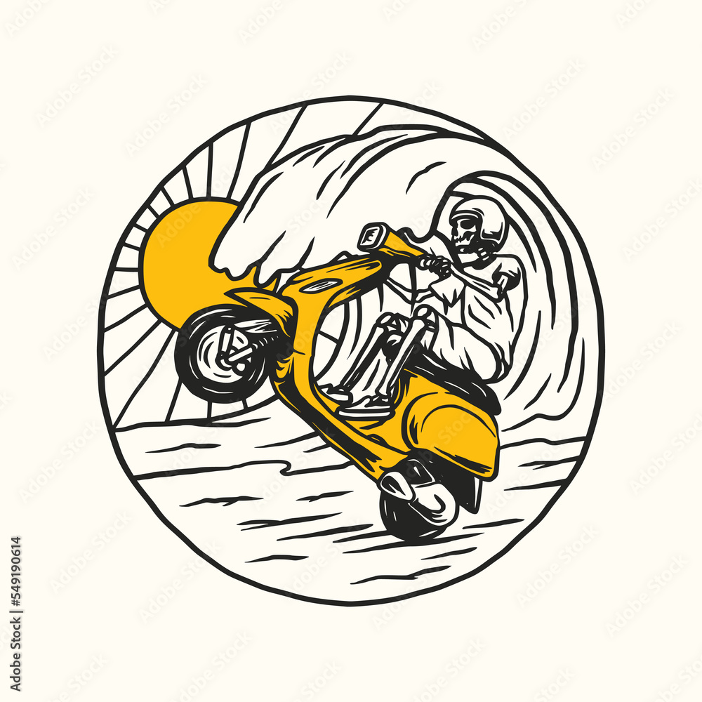 Vintage Scooter Motorcycle Adventure, Motocross Club. Hand drawn Vector illustration