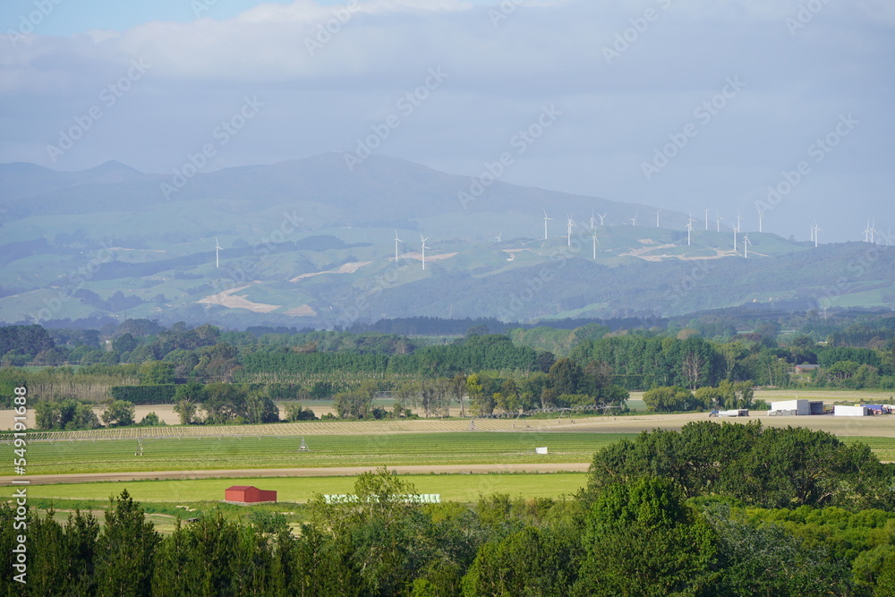 Obraz na płótnie Farmlands and windmills view from Palmerston North w salonie