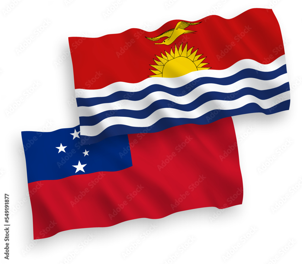 National vector fabric wave flags of Independent State of Samoa and Republic of Kiribati isolated on white background. 1 to 2 proportion. National vector fabric wave flags of Independent State of Samoa and Republic of Kiribati isolated on white background. 1 to 2 proportion.