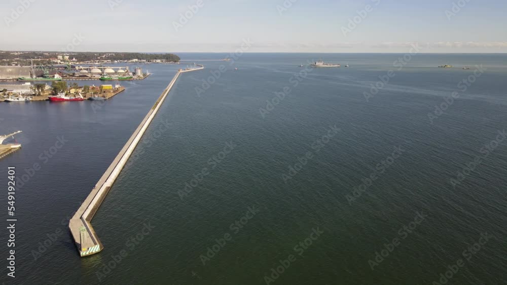 Aerial view of the breakwater over the Baltic Sea in the port of Gdynia on a sunny,autumn day. Aerial view of the breakwater over the Baltic Sea in the port of Gdynia on a sunny,autumn day.