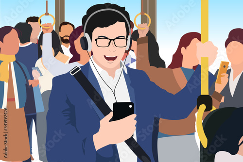 young asian business man urban commuter using cellphone listening to music in public transportation
