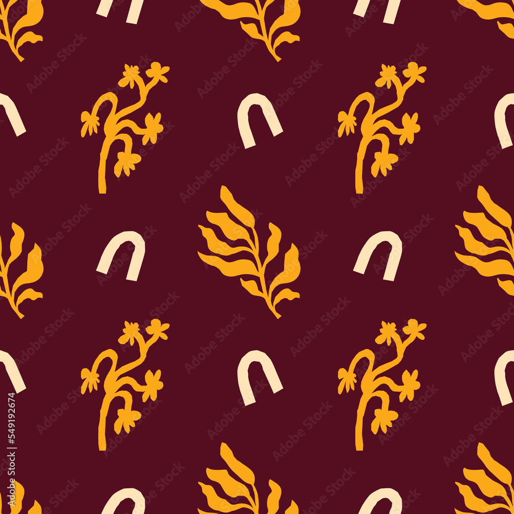 Obraz premium Bright brown and yellow vector seamless pattern with leaves. For prints, backgrounds, wrapping paper, textile, linen, wallpaper, etc.