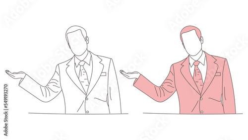 Confident businessman in suit standing line drawing vector illustration