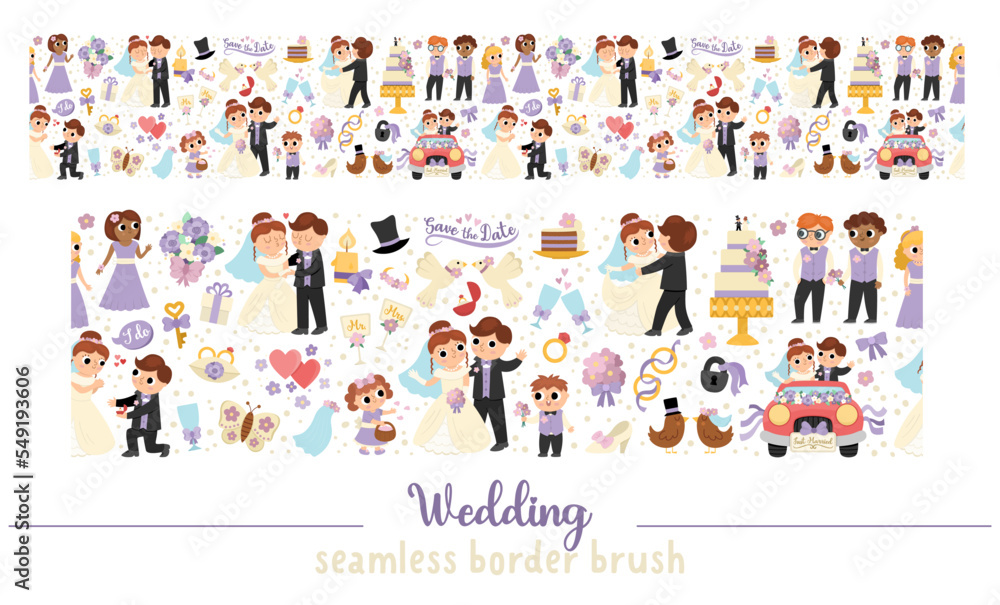 Fototapeta premium Vector wedding seamless pattern border brush with just married couple. Marriage ceremony horizontal repeating background. Cute matrimonial illustration with bride, groom, bridesmaids, cake.