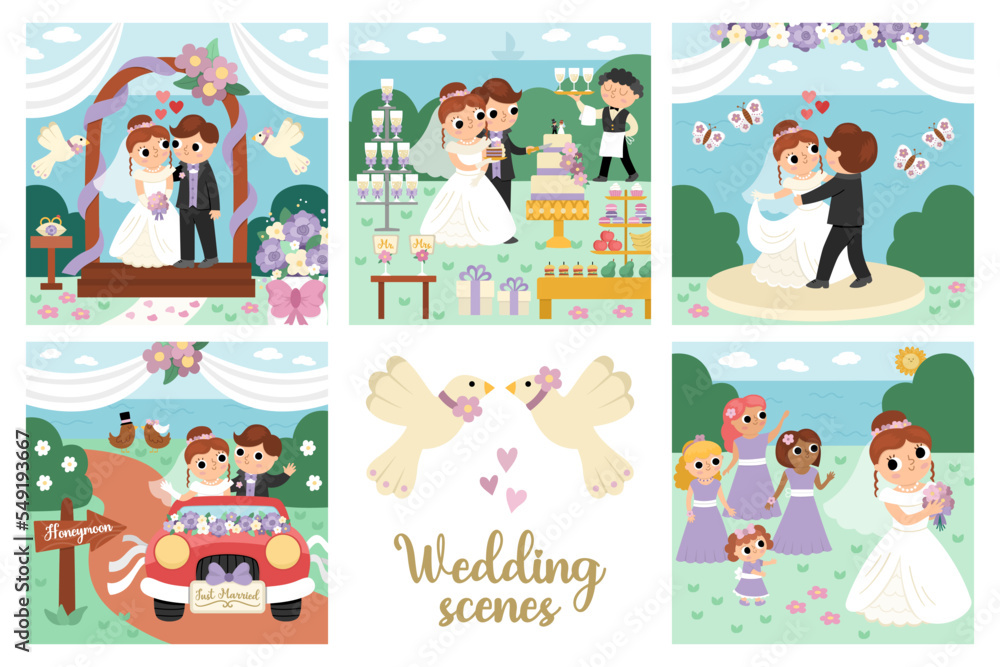 Fototapeta premium Vector wedding scenes set. Cute just married couple. Marriage ceremony landscapes with bride and groom. Husband, wife cutting cake, dancing first dance, going to honeymoon, throwing bouquet.