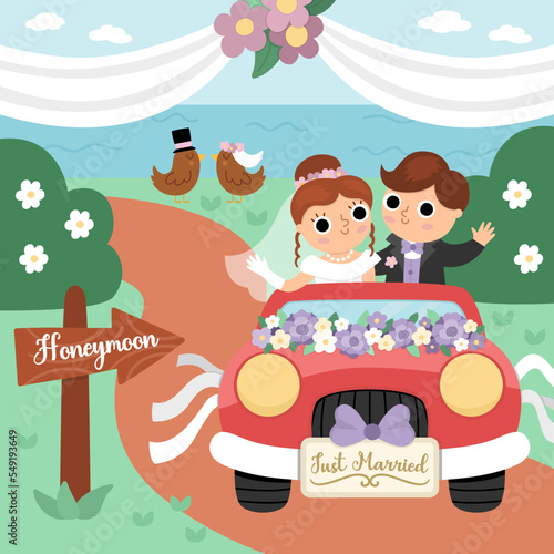 Vector wedding scene with cute just married couple. Marriage ceremony landscape with bride and groom. Husband and wife going to honeymoon on red car decorated with flowers.