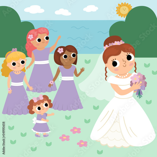 Vector wedding scene with cute just married couple. Marriage ceremony landscape with bride and groom. Beautiful girl in veil throwing bouquet to bridesmaids.