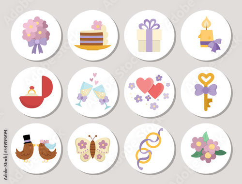 Cute wedding round cards set with just married couple, bride, groom, bridesmaids, cake. Vector marriage ceremony highlight icons. Matrimonial design for tags, ads, social media.