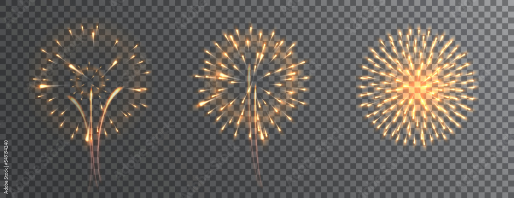 Fireworks bursting in various shapes. Christmas light. Firecracker rockets bursting.