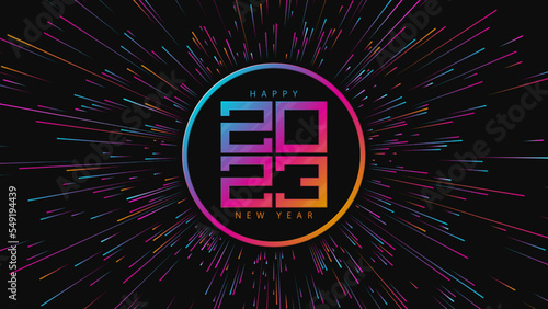 2023 Happy New Year background. Abstract sun or star with rays. Vector illustration