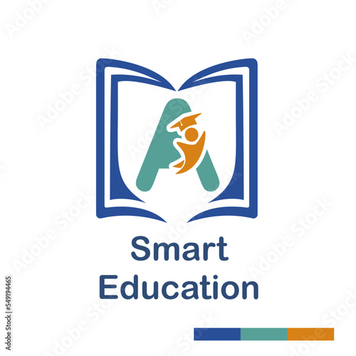 Initial A Letter with book and student symbol character for school, education, trainer center business logo template vector