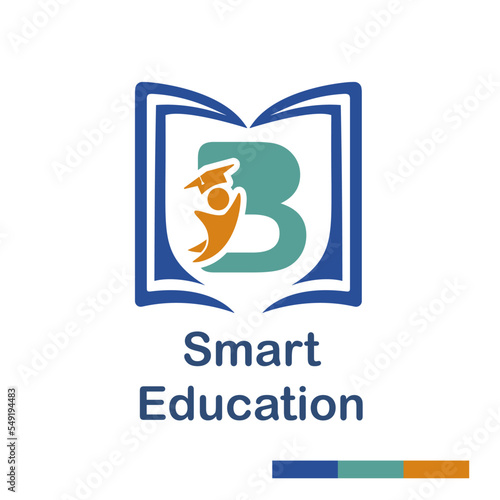 Initial B Letter with book and student symbol character for school, education, trainer center business logo template vector