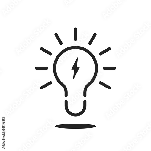 black thin line light bulb icon with lightning