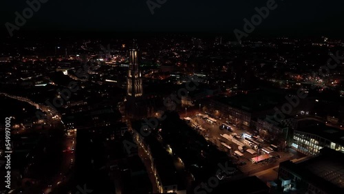 Wallpaper Mural The Saint Eusebius Church or Grote Kerk in Arnhem city in the Netherlands by night, Aerial drone. City center, skyline and infrastructure, city center. Night time overhead view. Torontodigital.ca
