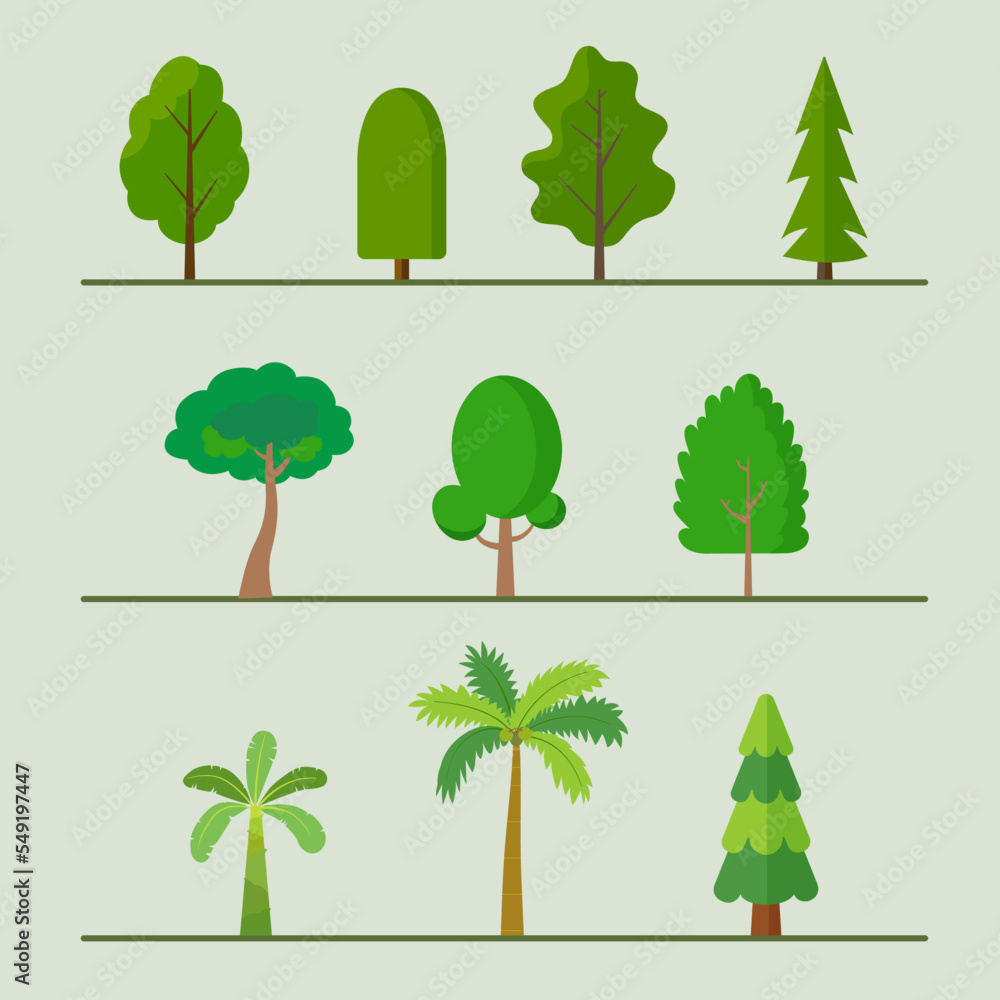 Fototapeta premium Trees flat vector set.Plants element collection.Tropical nature object.Palm tree, banana tree and pine