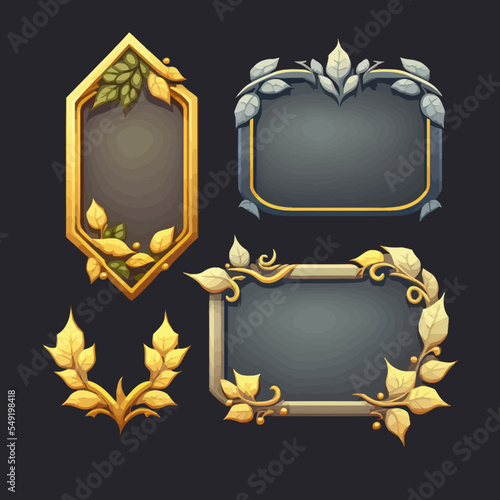 Empty rectangle, round frames border with leaves and gems in medieval style for game ui design. Collection of fantasy game elements  isolated on background. Vector illustration