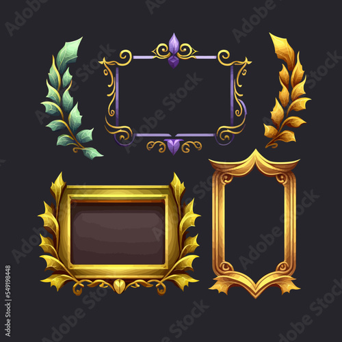 Empty rectangle, round frames border with leaves and gems in medieval style for game ui design. Collection of fantasy game elements  isolated on background. Vector illustration