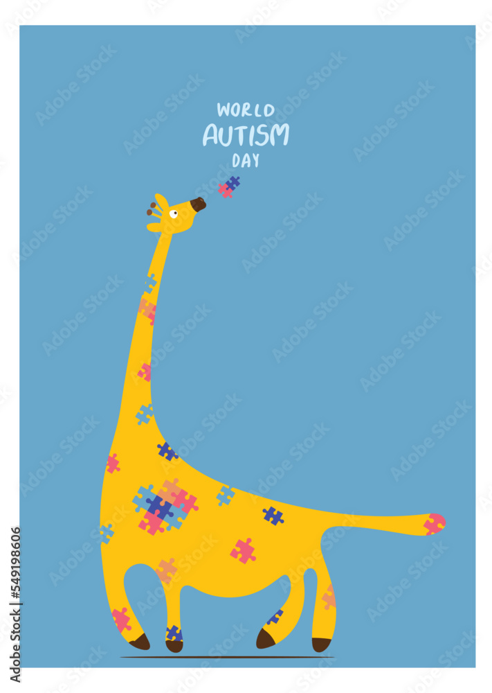 World Autism Day. Cartoon of giraffe with rainbow jigsaw puzzle.The Autism dicease symbolic. World Autism Day. Cartoon of giraffe with rainbow jigsaw puzzle.The Autism dicease symbolic.