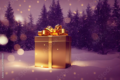Golden Christmas gift box in a snowy festive winter forest, copy space, gold and glitter, gold ribbons and bows, magic bokeh lights, dreamy, magic atmosphere, New Year and Christmas concept © Aetaer