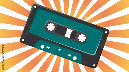 Old retro vintage green music audio cassette for audio tape recorder with magnetic tape from 70s, 80s, 90s against the background of the orange rays of the sun. Vector illustration