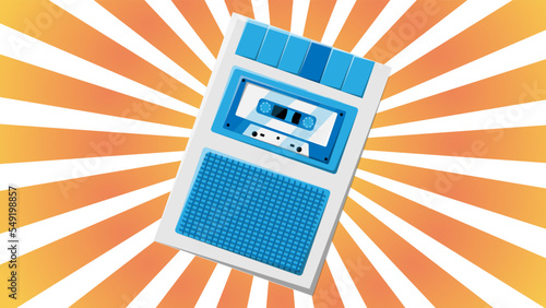 Old retro vintage hipster voice recorder with music audio tape cassette for voice recording from 70s, 80s, 90s against the background of the orange rays of the sun. Vector illustration