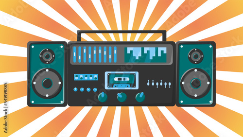 Old retro vintage music cassette tape recorder with magnetic tape babbin on reels and speakers from the 70s, 80s, 90s against the background of the orange rays of the sun. Vector illustration