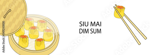 Horizontal background with siu mai dim sum steamed dumplings vector illustration. Yellow hot shumai in bamboo steamer and one in chopsticks. Traditional Chinese food