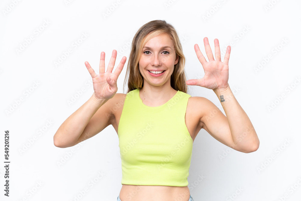 Young caucasian woman isolated on white background counting nine with fingers Young caucasian woman isolated on white background counting nine with fingers