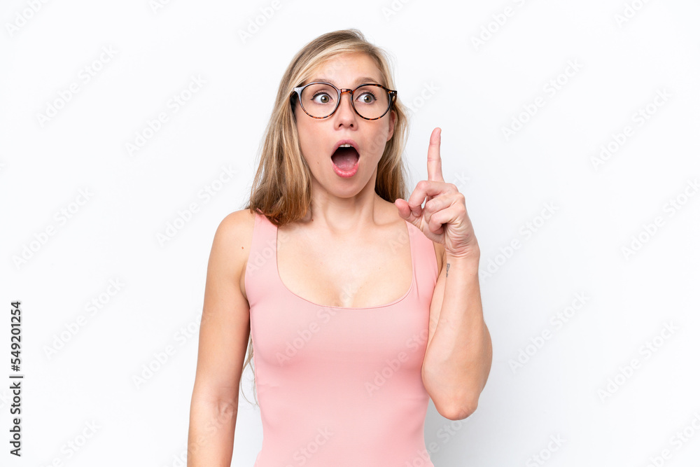 Young caucasian woman isolated on white background thinking an idea pointing the finger up Young caucasian woman isolated on white background thinking an idea pointing the finger up