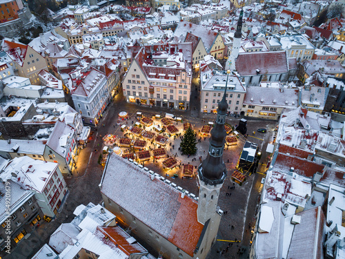 Christmas market at the Town Hall Square in Tallinn. Drone photo. Aerial view.