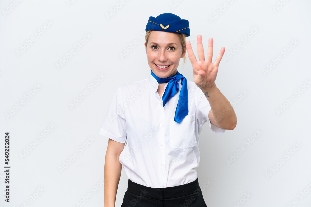 Airplane blonde stewardess woman isolated on white background happy and counting four with fingers Airplane blonde stewardess woman isolated on white background happy and counting four with fingers