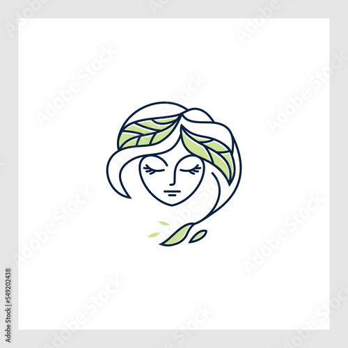 Linear simple logo female face smelling tulip at hand drawn circle frame for beauty spa salon vector illustration. Woman with flower at rounded border feminine cosmetic cosmetology skin care wellness