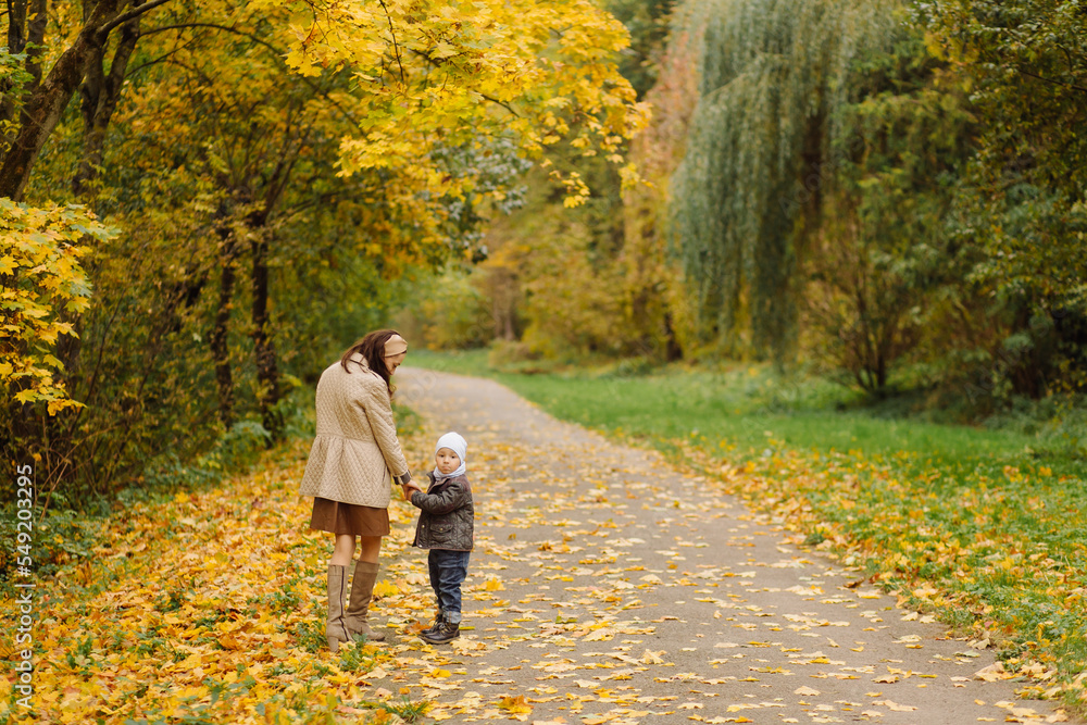 Fototapeta premium Mom and son walking and having fun together in the autumn park.