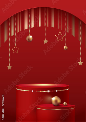 Red Podium with Golden Ring Frame and Pearls on Red Background with Snow. Christmas Sale Template. Vertical Banner. Vector Illustration.