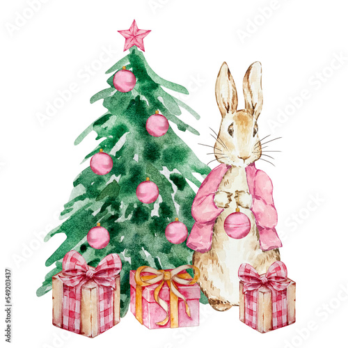 Watercolor Peter Rabbit with decorated Christmas tree and gifts