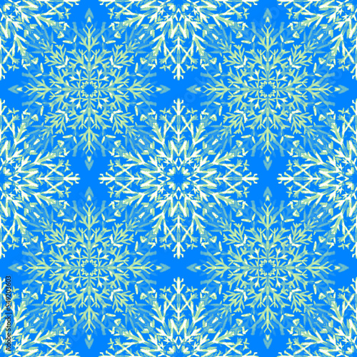 Watercolor seamless pattern with snowflakes. Great Christmas allover print for wrapping paper or textile. Winter design. 