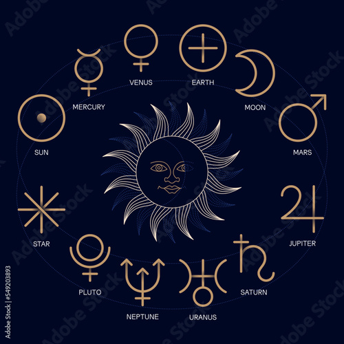 Solar system zodiac horoscope astrological thin line label linear design esoteric stylized elements symbols signs. Vector illustration icons