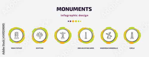 monuments infographic template with icons and 6 step or option. monuments icons such as moia statues, egyptian,  , obelisk of bue aires, kinderdijk windmills, circle vector. can be used for banner,
