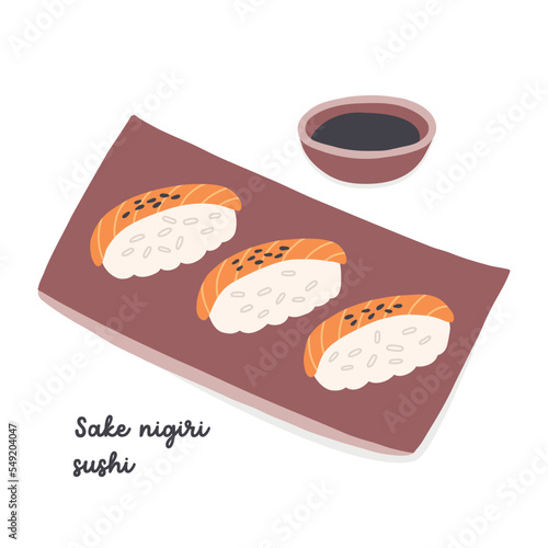 Sake nigiri sushi dish with soy sauce. Traditional Japanese asian food flat illustration on isolated white background