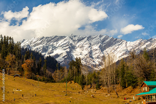 Manali in Himachal Pradesh. Panoramic views of Himalayas. Natural beauty of Solang Valley in India. Famous tourist place for travel, honeymoon destination in India set on Beas river. Rohtang Pass Snow