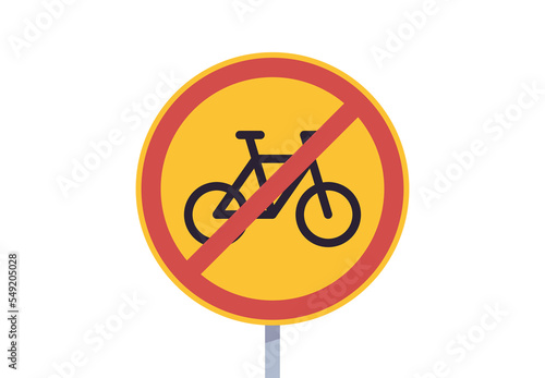 There is no bike cycle ban sign and no bicycle parking forbidden area, prohibited symbol isolated on white background flat vector illustration.