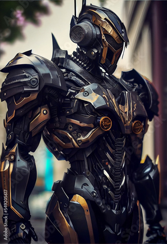  A Steampunk Human Full Body Robotic Android with Full Cybernetic Metallic Helmet and Body Armor Suit