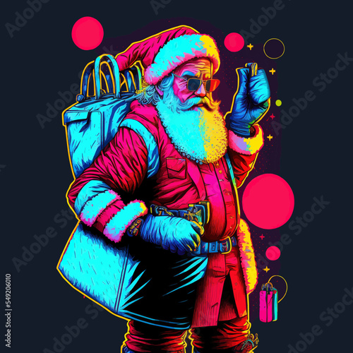Santa Claus in synthwave style with gifts on a dark background. Gift card. Design for a t-shirt.