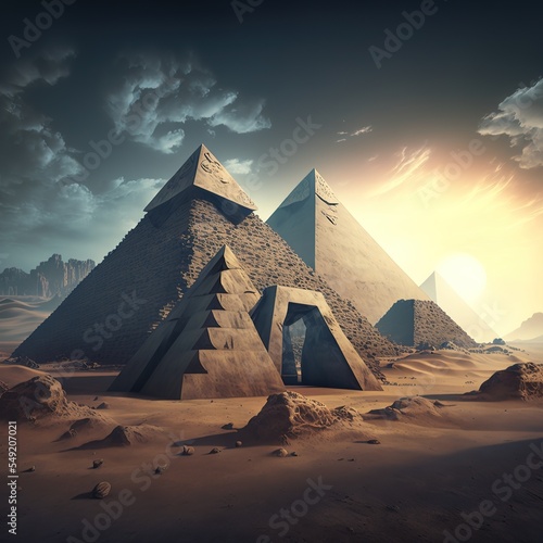 Mysterious pyramids of Egypt, ancient civilization, mystical landscape with sand and sun. Generative AI