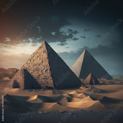 Mysterious pyramids of Egypt, ancient civilization, mystical landscape with sand and sun. generative ai. 